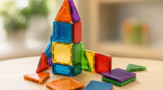 Bunte durchscheinende magnetische Bausteine in Quadraten und Dreiecken in fröhlichen Farben, teils zu einem Turm zusammengesteckt, teils lose auf einem hellen Holztisch