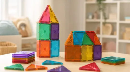 Bunte magnetische Bauplättchen in geometrischen Formen, teils zu einem Turm zusammengesetzt, auf einem hellen Holztisch im Kinderzimmer