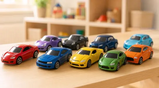 Mehrere kleine bunte Spielzeugautos aus Metall stehen auf einem Tisch