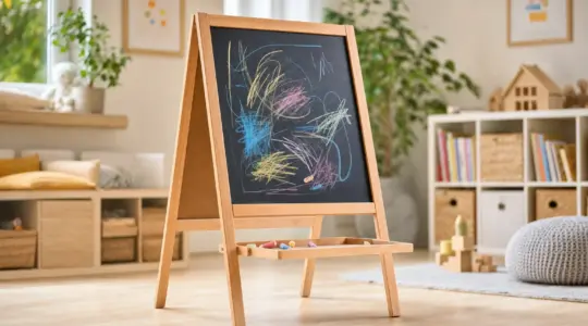 Hölzerne Kinder-Standtafel als Staffelei mit dunkler Kreidetafel-Seite und bunten Kreidekritzeleien in einem hellen Kinderzimmer
