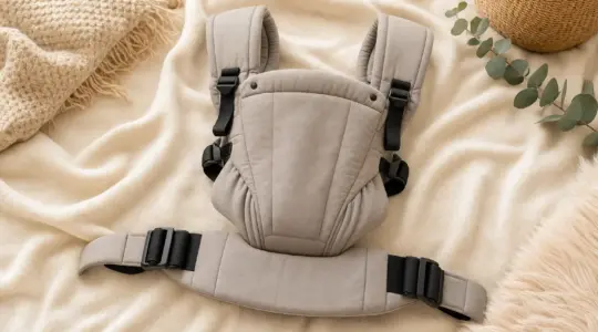 Eine ergonomische Babytrage mit gepolsterten Gurten liegt ordentlich ausgebreitet auf einer hellen Decke