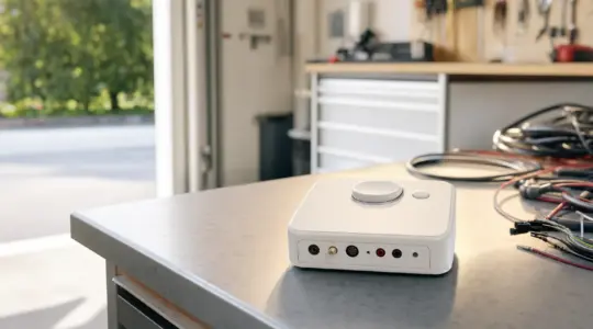 Ein elektronisches Marderabwehrgerät steht auf einer Werkbank