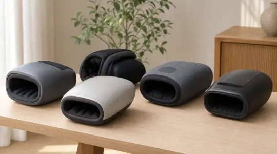 Mehrere verschiedene Handmassagegeräte liegen auf einem Tisch
