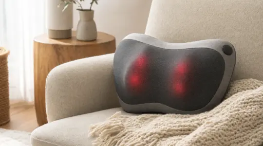 Ein graues Massagekissen liegt auf einem Sessel in einem Wohnraum
