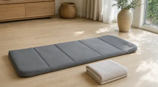 Eine flache Massagematte liegt ausgebreitet auf dem Boden