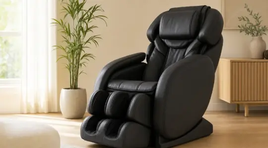 Ein schwarzer Massagesessel steht in einem hellen Wohnraum