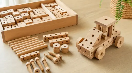 Ein Konstruktionsbaukasten aus Holz mit Stäben, Klötzchen, Rädern und Holzschrauben liegt mit einem fertig gebauten kleinen Holzfahrzeug auf einem Tisch