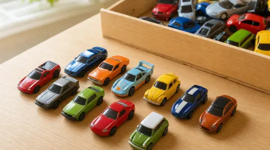 Eine Sammlung kleiner Spielzeugautos aus Metall steht aufgereiht auf einem Tisch