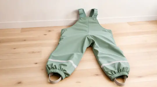 Wasserdichte Kinder-Matschhose als Latzhose in freundlicher Farbe auf einem hellen Holzboden