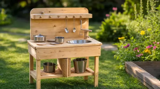 Kinder-Matschküche aus hellem Holz mit Spülbecken, kleinen Töpfen und Arbeitsfläche auf einer Rasenfläche im sonnigen Garten