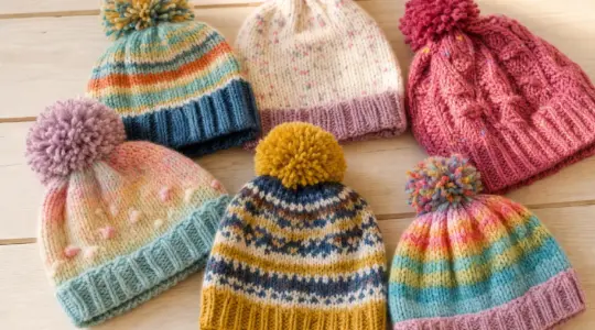 Mehrere bunte gestrickte Kindermützen mit Bommel auf einer Holzfläche