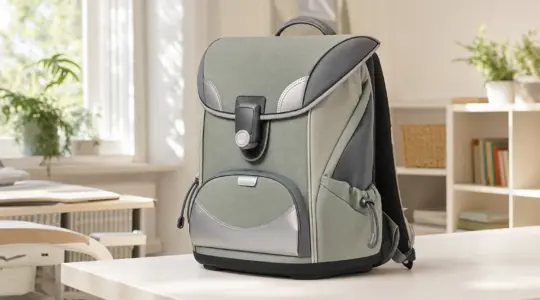 Ein ergonomischer Schulranzen mit reflektierenden Elementen steht aufrecht auf einem hellen Tisch bereit