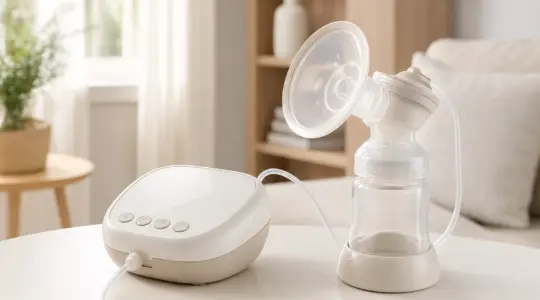 Eine Milchpumpe mit Zubehör steht sauber auf einem hellen Tisch bereit