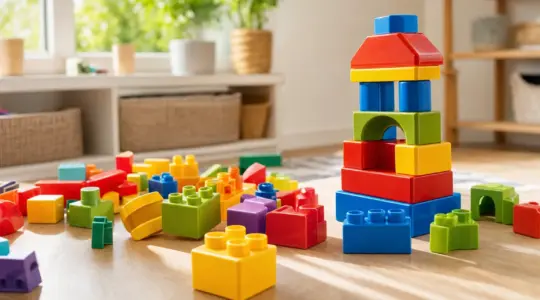 Bunte große Bausteine liegen verteilt auf einem hellen Tisch bereit zum Bauen