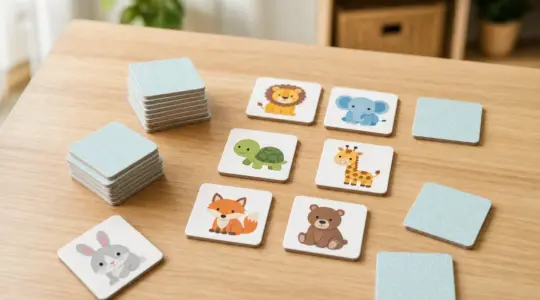 Ein Kinder-Memory-Spiel mit quadratischen Bildkärtchen, einige verdeckt gestapelt, einige aufgedeckt mit einfachen bunten Tiermotiven auf einem hellen Holztisch
