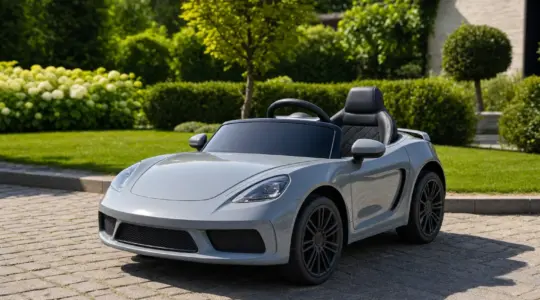 Ein elektrisches Kinderauto steht auf einem gepflasterten Weg vor einem grünen Garten bereit