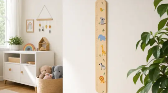 Eine hölzerne Kinder-Messlatte mit Skalenstrichen und Tiermotiven an einer Kinderzimmerwand