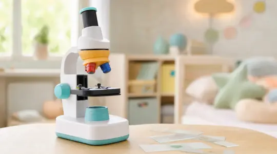 Ein kindgerechtes Mikroskop in Weiß und fröhlichen Farben auf einem hellen Holztisch in einem freundlichen Kinderzimmer mit ein paar Objektträgern daneben