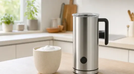 Ein Milchaufschäumer mit einer Tasse Cappuccino steht auf einer hellen Küchenarbeitsfläche