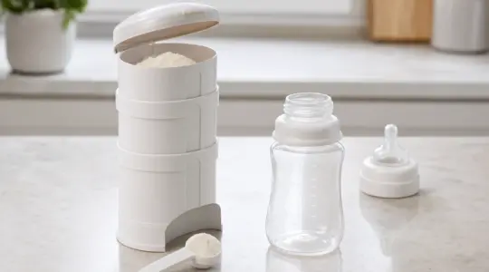 Ein weißer Milchpulver-Portionierer mit mehreren Kammern steht neben einer Babyflasche
