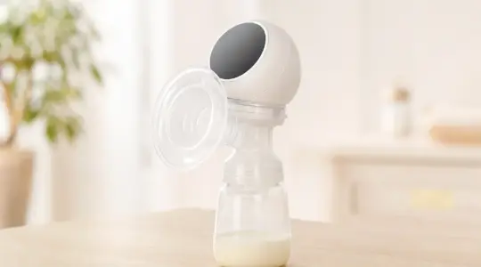 Moderne elektrische Milchpumpe in Weiß mit Motoreinheit, transparentem Aufsatz und kleiner Milchflasche auf einer hellen Holzfläche