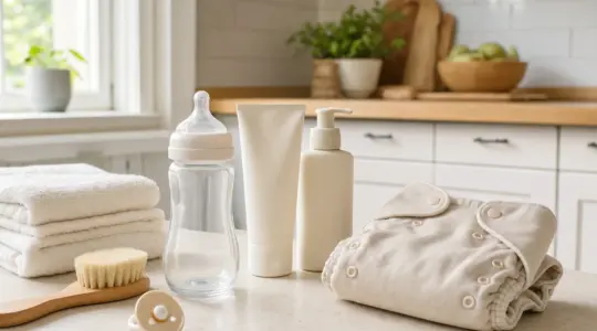 Eine Babyflasche und Pflegeartikel stehen sauber auf einem hellen Tisch in einer freundlichen Küche bereit