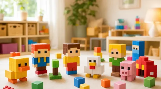 Würfelförmige Klötzchen-Spielfiguren und Bausteine stehen auf einer hellen Fläche bereit