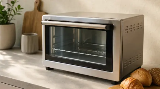 Ein kompakter Mini-Backofen aus Edelstahl auf einer hellen Küchenarbeitsplatte