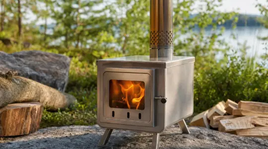 Ein kompakter Camping-Holzofen aus Edelstahl mit kleinem Feuer im Freien
