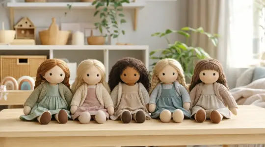 Mehrere Puppen sitzen ordentlich nebeneinander auf einem hellen Tisch bereit zum Spielen