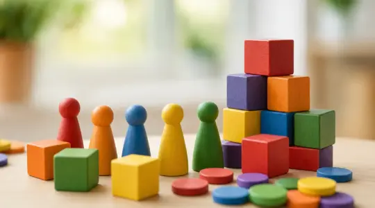 Mehrere kleine bunte Kinder-Spielmaterialien wie Holzfiguren, Würfel und Spielsteine gruppiert auf einem hellen Holztisch