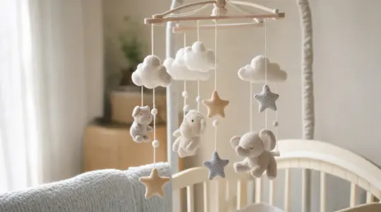 Zartes Baby-Mobile mit hängenden Stofffiguren wie Wolken, Sternen und Tieren in sanften Farben über einem Babybett