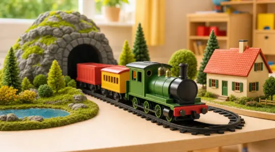 Eine bunte Modelleisenbahn fährt auf einem aufgebauten Schienenkreis durch eine kleine Landschaft mit Bäumen und Häuschen