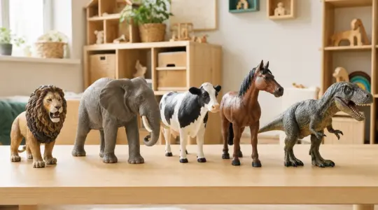 Mehrere detailreiche Tierfiguren stehen aufgereiht auf einem hellen Holztisch bereit zum Spielen