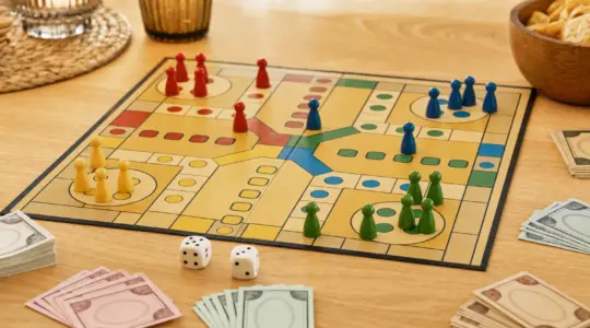 Ein Brettspiel mit Feldern, Spielfiguren, Würfeln und Spielgeld auf einem Tisch