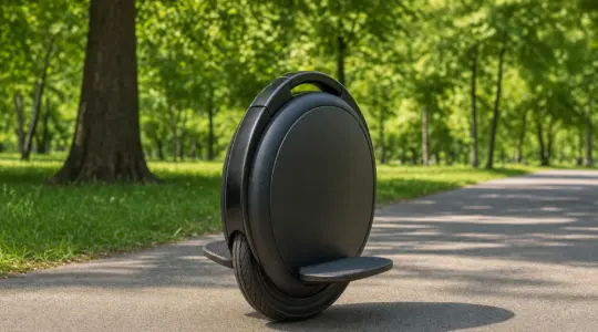 Ein schwarzes elektrisches Einrad steht aufrecht auf einem Weg im Park