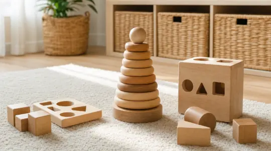 Schlichtes Montessori-Holzspielzeug wie Stapelturm und Steckwürfel auf einem Spielteppich