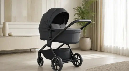 Ein moderner Kinderwagen steht aufgestellt auf einem hellen Boden bereit