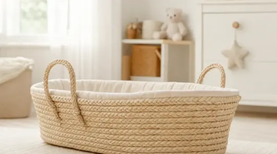 Ein geflochtener Baby-Moseskorb aus hellem Naturmaterial mit weicher heller Auflage und kleinen Tragegriffen auf einem hellen Boden in einem Kinderzimmer