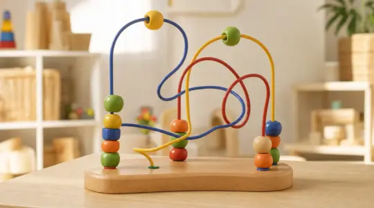 Hölzerne Motorikschleife mit geschwungenen Drähten und bunten Holzperlen auf einem stabilen Holzsockel im Kinderzimmer