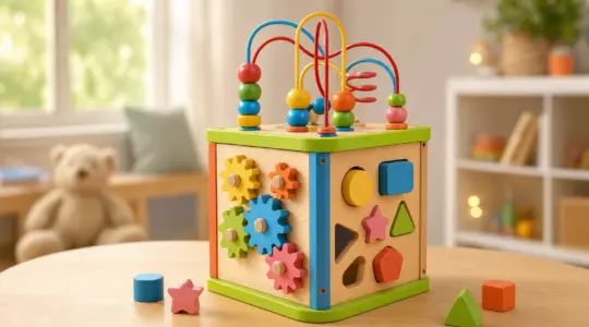 Bunter Holz-Motorikwürfel mit Motorikschleife, Zahnrädern und Steckspiel auf einem Holztisch im Kinderzimmer