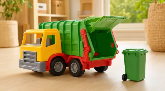 Ein buntes Spielzeug-Müllauto mit beweglicher Ladeklappe und kleiner Mülltonne