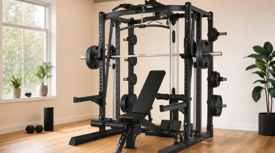 Eine Multipresse aus Metall steht in einem hellen Heimtrainingsraum