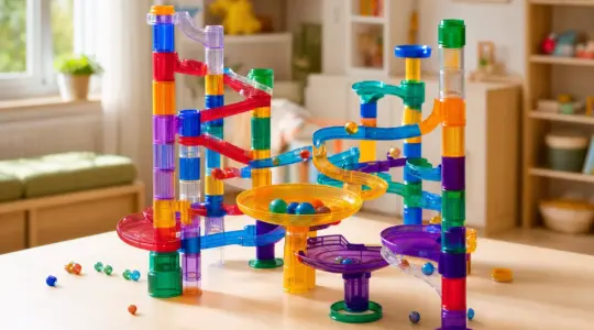 Bunte Murmelbahn als Bausystem aus Kunststoff mit Röhren, Trichtern und Murmeln auf einem hellen Holztisch im Kinderzimmer