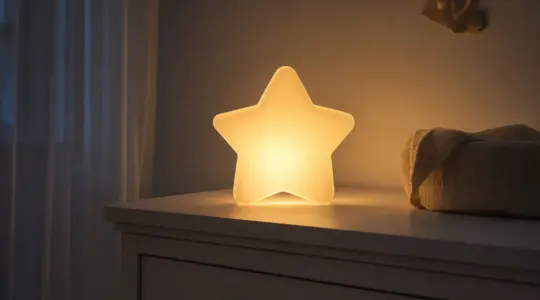 Ein Nachtlicht in Sternform leuchtet sanft in warmem Licht auf einer Kommode im Babyzimmer