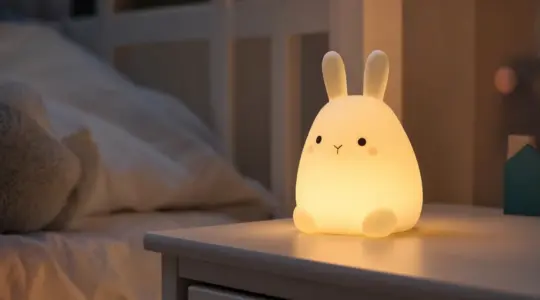 Niedliches Kinder-Nachtlicht, das sanft warm leuchtet, auf einem hellen Nachttisch neben einem Kinderbett im gedämpften Kinderzimmer