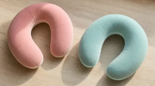 Zwei weiche U-förmige Reise-Nackenkissen für Kinder in Pastellfarben auf einer Holzfläche
