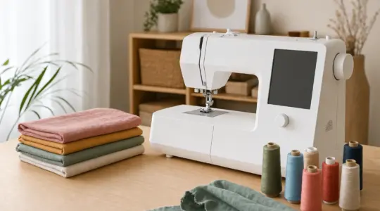 Eine weiße Nähmaschine steht mit Stoff und Garn auf einem Tisch