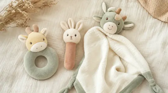 Liebevoll gestaltetes weiches Babyspielzeug in dezenten Farben liegt ordentlich auf einer hellen Decke
