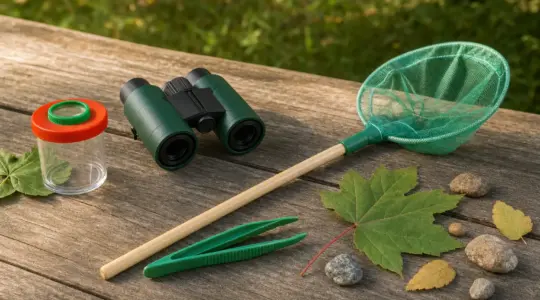 Ein Naturforscher-Set mit Becherlupe, Fernglas, Pinzette und Kescher auf einem Holztisch